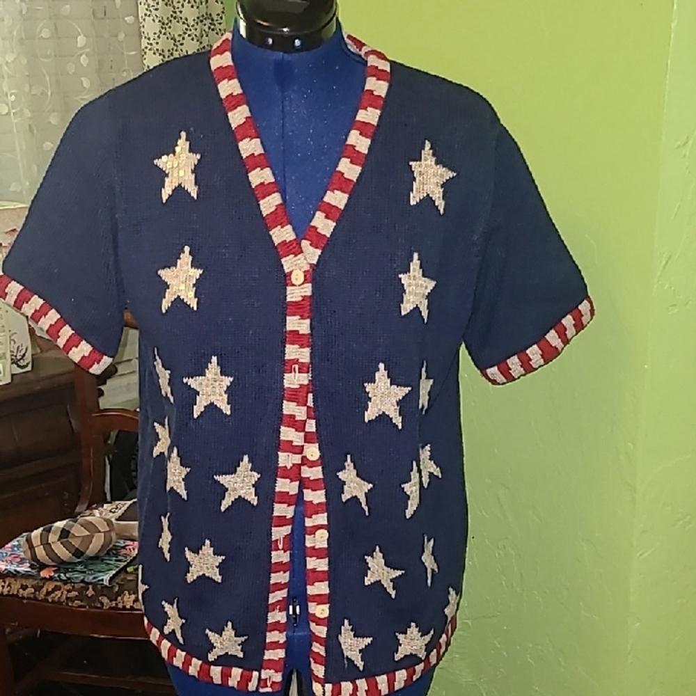 Quacker Factory by Jeanne Bice red white & blue flag Cardigan.(#1540)